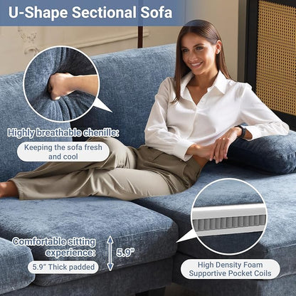 VINGLI 110" Sectional Couches for Living Room,U Shaped Couch with Double Chaise, 4-Seat Sofa Set with Corduroy Fabric for Home Furniture,Ocean Blue