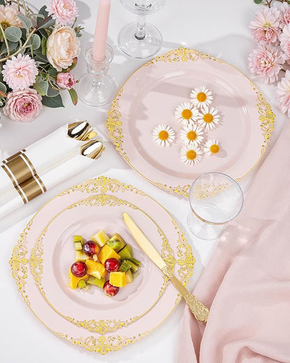 Nervure 700PCS Pink Gold Plastic Plates - Pink Plastic Dinnerware Sets for 100 Guests - 200 Disposable Plates, 300 Silverware, 100 Cups, 100 Napkins for Wedding, Birthday & Party
