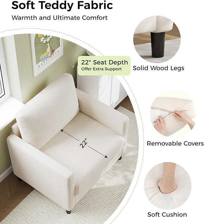 Sofa Accent Chair, 33" Reading Chair for Bedroom, Tool-Free Setup Living Room Accent Chairs, Comfy Arm Chairs Living Room, All-Wood Reading Nook, Cream White