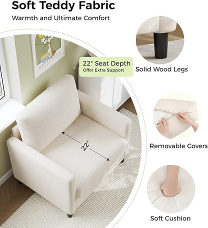 Sofa Accent Chair, 33" Reading Chair for Bedroom, Tool-Free Setup Living Room Accent Chairs, Comfy Arm Chairs Living Room, All-Wood Reading Nook, Cream White