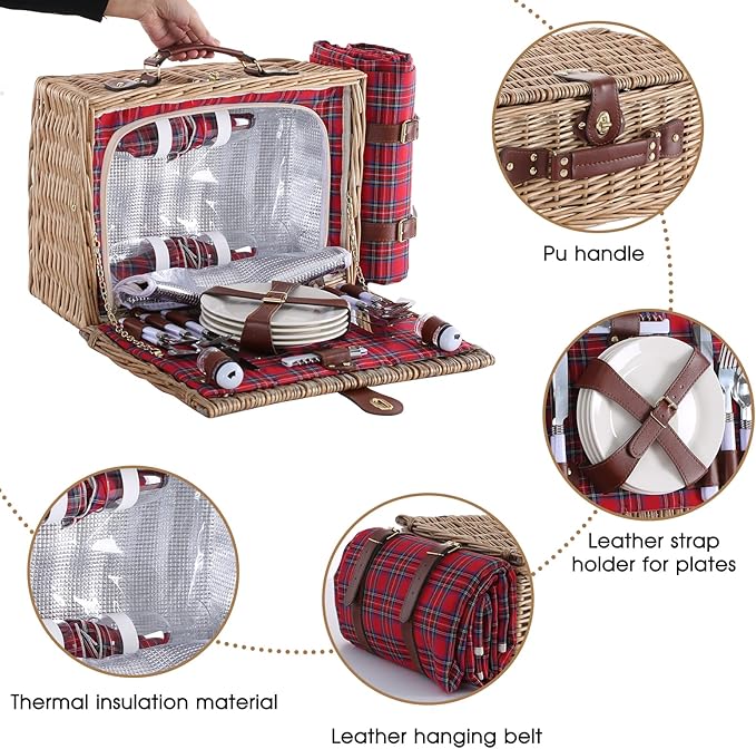 Wicker Picnic Basket for 4 with Waterproof Picnic Blanket and Insulated Cooler, Willow Hamper for Camping, Outdoors, Photoshoot, or a Birthday, Valentine’s Day, Wedding Gift