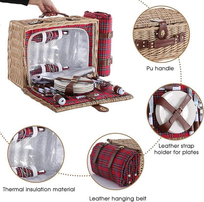 Wicker Picnic Basket for 4 with Waterproof Picnic Blanket and Insulated Cooler, Willow Hamper for Camping, Outdoors, Photoshoot, or a Birthday, Valentine’s Day, Wedding Gift