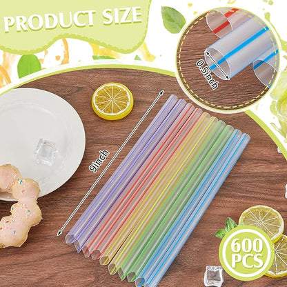 Tessco 600 Pcs 9.06 Inch Smoothie Straws Bulk Disposable Bubble Tea Straws Large Plastic Individually Wrapped for Tall Homemade Milkshakes(Rainbow Color)