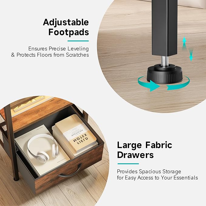 Night Stand Bedside Table Bedroom - Tall Nightstand with Charging Station & LED Light Strip, Bed Side Table with Storage Shelf & 4 Drawers, End Table with U-S-B Ports & AC Outlets, Brown