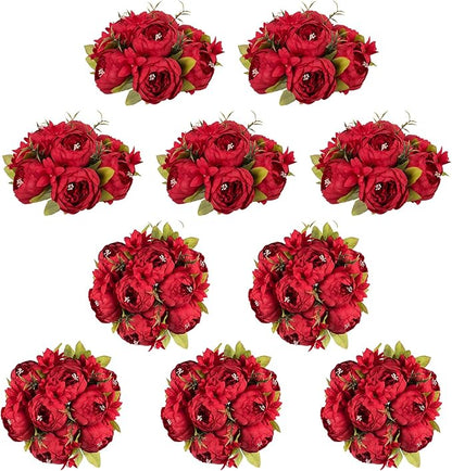 NUPTIO Flower Balls Flowers for Centerpieces: 10 Pcs 9.4 inch Diam Red Artificial Peony Fake Flower Ball Arrangement Bouquet Wedding Centerpieces for Tables Wedding Centerpiece Decorations