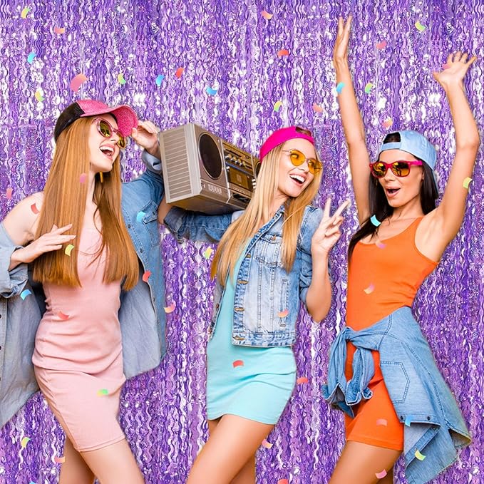 4 Pack Light Purple Fringe Curtain Backdrop 3.2Ft x 8.2Ft Metallic Tinsel Foil Fringe Streamers Background for Photo Booth, Easter, Mother's Day, Bachelorette, Wedding, Birthday Party Decoration