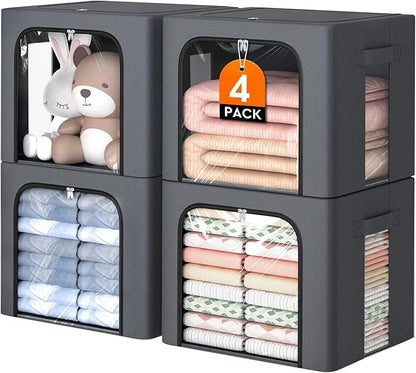 4 Pack Clothes Storage Bins with Metal Frame, 40L Foldable Fabric Storage Boxes with Clear Window, Front & Top Zipper Openings, Stackable Organizer Bins with Handles for Closet & Bedroom (Light Grey)