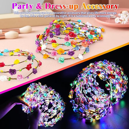 100 PCS LED Flower Crowns Headbands, Light Up Flower Crowns For Women, Glow in the Dark Headband for Wedding Reception Birthday Christmas Mardi Gras Cosplay Princess Party Favors