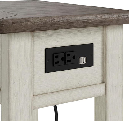 Signature Design by Ashley Bolanburg Chairside End Table With Charging Station, Two-Tone Wood Accent Table With Drawer Storage, Plank Top Design for Living Room or Bedroom, Antique White