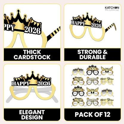 KatchOn, Happy New Years Glasses 2026 - Pack of 12 | New Year Photo Booth Props | New Year Party Glasses, Happy New Years Decorations 2026 | NYE Sunglasses, New Years Eve Party Supplies 2026