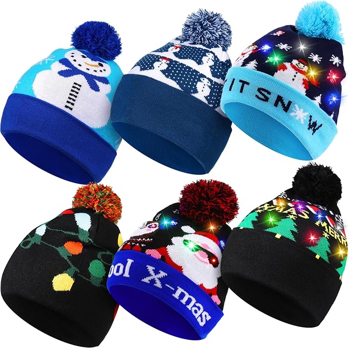 Vicenpal 6 Pcs Christmas Knitted Hat Xmas Beanie Hat Bulk Crochet Knit Cap Set Printed Wool Bulk