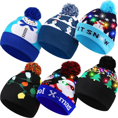Vicenpal 6 Pcs Christmas Knitted Hat Xmas Beanie Hat Bulk Crochet Knit Cap Set Printed Wool Bulk