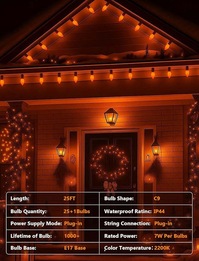 25Ft Halloween Ceramic String Lights, C9 Opaque Orange String Lights with 25 Vintage Bulbs, Outdoor Hanging Lights for Halloween Party Christmas Tree Prom Decor, 7W, C9/E17 Base, Black Wire