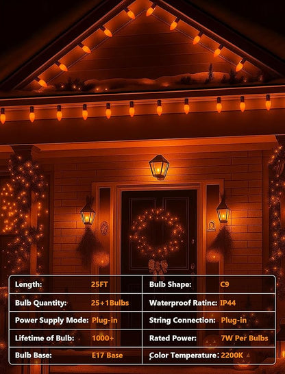 25Ft Halloween Ceramic String Lights, C9 Opaque Orange String Lights with 25 Vintage Bulbs, Outdoor Hanging Lights for Halloween Party Christmas Tree Prom Decor, 7W, C9/E17 Base, Black Wire