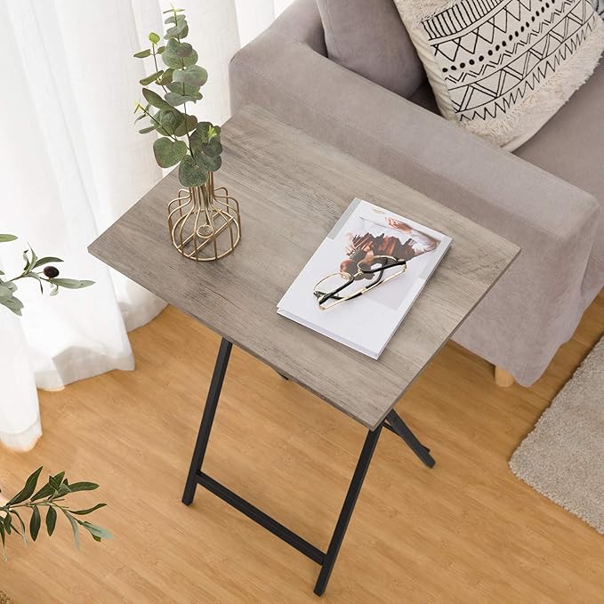 HOOBRO Folding TV Tray Tables, Set of 2 Side Table for Small Space, Industrial Snack Tables for Eating at Couch, Stable Metal Frame, Easy Assembly, Space Saving, Greige and Black BG25BZ01