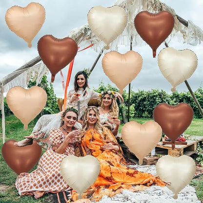 Cream Brown Heart Balloons, 12Pcs Brown Apricot Foil Balloons, Beige Coffee Foil Heart Shape Mylar Balloon 18 Inch Nude Neutral Helium Mylar Balloon for Boho Birthday Baby Shower Wedding Valentine