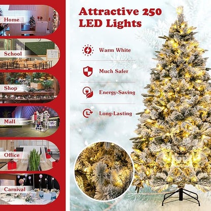GOFLAME 6 FT Pre-Lit Christmas Tree with Pine Needles, Snow Flocked Christmas Tree with 250 Warm White LED Lights & 752 Mixed Branch Tips, Hinged Xmas Decoration Tree for Home, Office, Carnival
