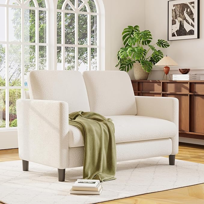 Loveseat Sofa, 51" Love Seat, Comfy Teddy Small Loveseat for Small Spaces, Tool-Free Setup Sofa Couch for Bedroom, All-Wood Couches for Living Room, No Pillow Included, Beige