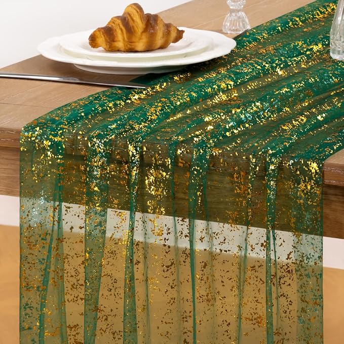 Green Gold Table Runner Sheer Gauze Cheesecloth Runner 120 Inch Glitter Wedding Anniversary Party Decor for Dining Table Home Celebration