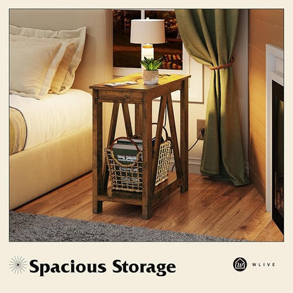 WLIVE Farmhouse End Table, Narrow Side Table with Charging Station, Slim End Table, Side Table for Bedroom, Living Room, Small Spaces, 2 USB and 2 Power Outlets, Rustic Brown
