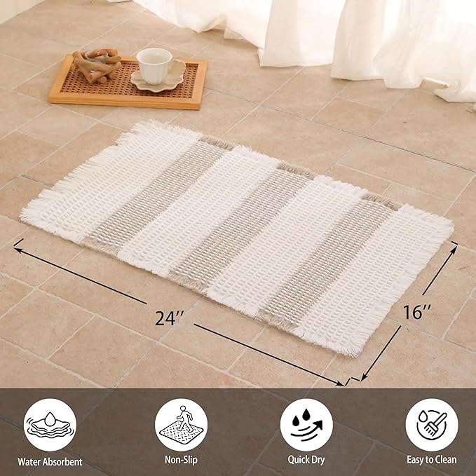 Waffle Bath Mat Non Slip, Boho Bathroom Rug, Super Absorbent Quick Dry Bathroom Mat, Soft Farmhouse Bath Rug with Tassels, Small Washable Shower Mats for Floor 16"x24", White and Taupe