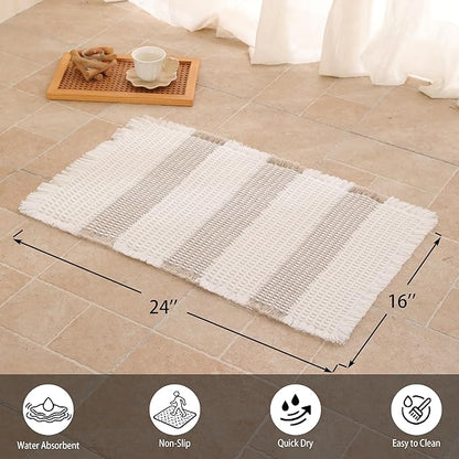 Waffle Bath Mat Non Slip, Boho Bathroom Rug, Super Absorbent Quick Dry Bathroom Mat, Soft Farmhouse Bath Rug with Tassels, Small Washable Shower Mats for Floor 16"x24", White and Taupe