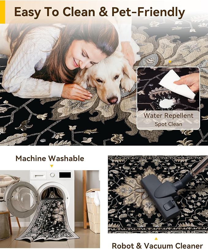 Area Rugs 5ft Washable Non-Slip, Floral Vintage Distress Print Pattern Medallion Carpet for Living Room Bedroom Dining Room, Black Brown Neutral Dark Tan