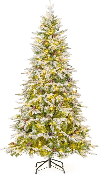 GOFLAME 6FT Pre-Lit Artificial Christmas Tree, Snow Flocked Xmas Tree with 765 Branch Tips, 280 Warm White LED Lights, 62 Pine Cones, Holiday Decoration Tree for Home Office Party
