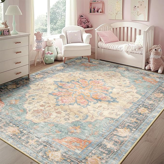 Area Rugs 5'x7' Washable Non-Slip, Floral Vintage Distress Print Pattern Medallion Carpet for Living Room Bedroom Dining Room, Blue Orange Red