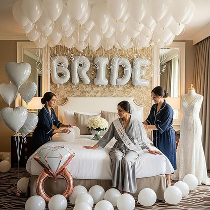 White Bridal Shower party decorations with pearl balloons Bridal Veil BRIDE Balloons Sash with Diamond Ring Heart Balloons Bridal Veil for Bachelorette Party Decor Bride To Be suppiles