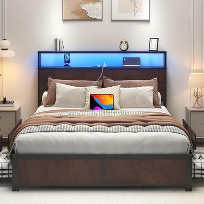 Lifezone Full Bed Frame with 2-Tier Storage Headboard, Metal Platform Bed Frame with 4 Storage Drawers, Built in Charging Station & LED, Noise-Free/Metal Support/No Box Spring Needed, Coffee Brown