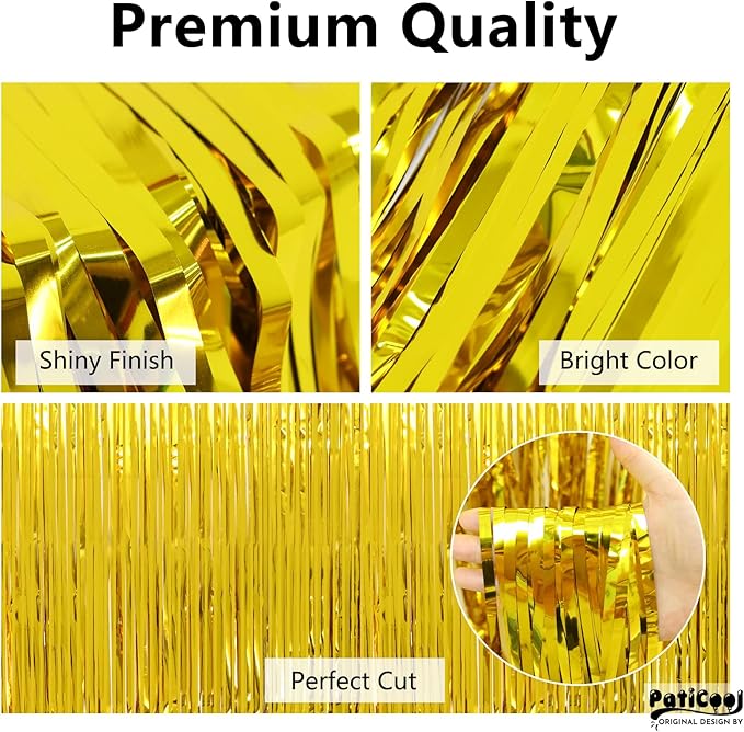 Christmas Decorations Thicken Gold Streamers, 4 Pack 3.2 x 8.2 FT Golden Tinsel Backdrop Curtains, Foil Fringe Photo Backdrop for Birthday, Prom, Hollywood, Anniversary Party Decorations
