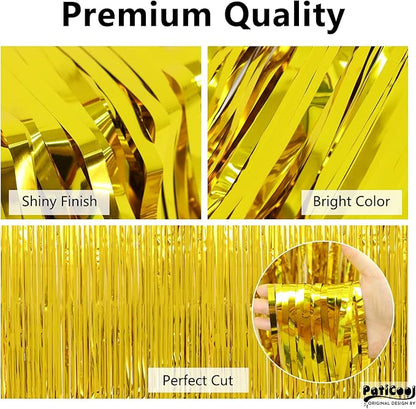 Christmas Decorations Thicken Gold Streamers, 4 Pack 3.2 x 8.2 FT Golden Tinsel Backdrop Curtains, Foil Fringe Photo Backdrop for Birthday, Prom, Hollywood, Anniversary Party Decorations
