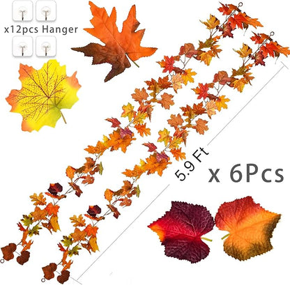 DearHouse 6 Pack Fall Garland Maple Leaf Clearance, 5.9Ft/Piece Hanging Vine Artificial Autumn Garland Thanksgiving Decor for Home Wedding Fireplace Party Christmas (Multicolor)