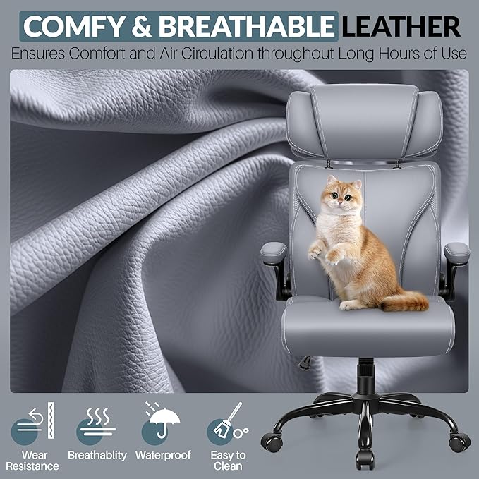 Office Chair, Ergonomic Big and Tall Computer Desk Chair with Retractable Adjustable Headrest, Executive Breathable Leather Chair, Lumbar Support Swivel PC Chair with Flip-up Armrests Rocking Function