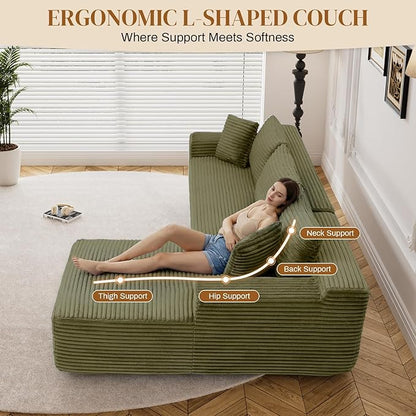 95" L Shaped Boneless Sectional Couches, Wide Armrest, Deep Seat, Memory Foam, Assembly Free, Modern Comfy Corduroy Fluffy Cloud Sofa with Left Chaise for Living Room, Small Spaces, Green