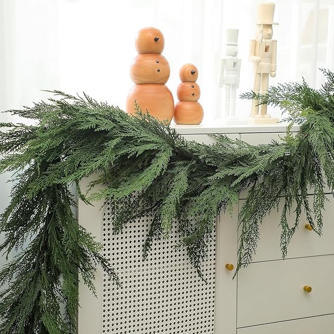 Jutom 1 PCS 6 ft Christmas Cedar Garland - Green Artificial Realistic Cedar Garland Faux Decoration for Table, Mantel, Wall Winter Holiday Party