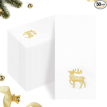 50 Pack Christmas Deer Paper Napkins - Christmas Gold Dinner Napkins - Cloth-like Disposable Hand Towels for Xmas Holiday Table Bathroom Decor Party
