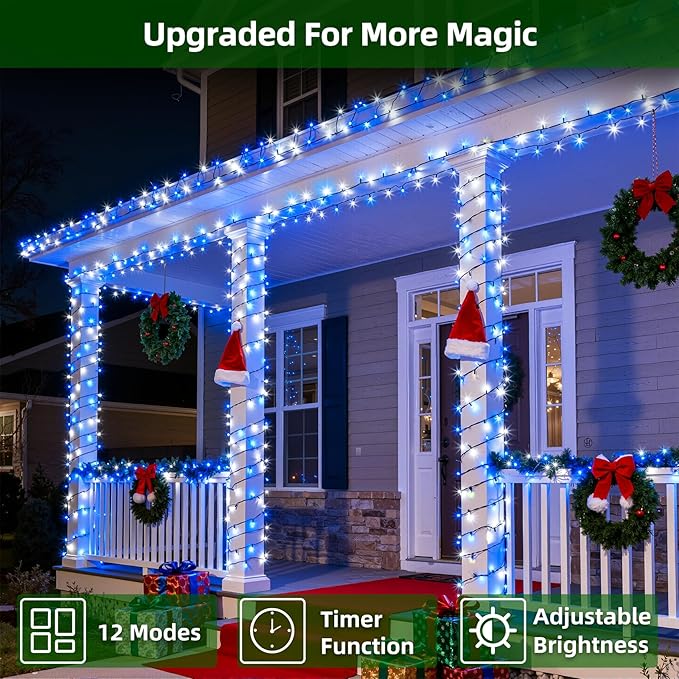 750 LED Chrstmas Lights, 240ft Outdoor Christmas String Lights with 12 Modes, Blue Cool White LED String Lights with Timer Dimmable Waterproof for Tree Fence Xmas Wedding Party Decor Blue & Cool White