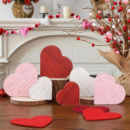 6pcs Valentines Day Decorations Red Pink White Rustic Heart Wooden Sign Valentine's Day Tiered Tray Decor Tabletop Valentines Day Centerpieces for Wedding Anniversary Home Party Supplies