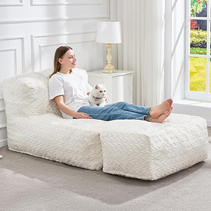 Hobestluk Bean Bag Chair Big Bean Bag Lounger for Adults Bean Bag Couch with Memory Foam Filled for Living Room, Bedroom or Balcony (Chevron Plush White)