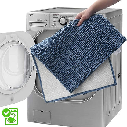 Blue Bathroom Rugs Chenille Bath Mats Set 3 Piece Extra Soft and Absorbent Shaggy Rugs, Machine Wash and Dry, Perfect Plush Bath Mats for Tub, Shower, Bathroom Decor, Washable Carpets Set