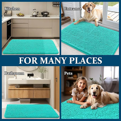 OLANLY Dog Door Mat for Muddy Paws 45x27, Absorbs Moisture and Dirt, Absorbent Non-Slip Washable Doormat, Quick Dry Chenille Mud Mat for Dogs, Entry Indoor Entryway Carpet for Inside Floor, Teal