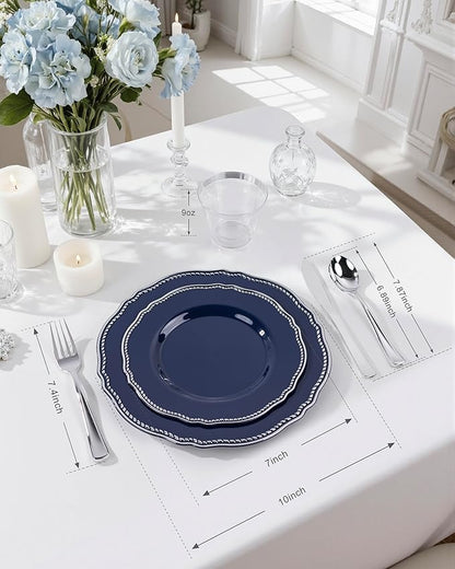 Hioasis 350pcs Blue Silver Plastic Plates - Silver Plastic Dinnerware Set Includes 50 Dinner Plates, 50 Dessert Dinnerware, 50 Cups, 50 Napkins Perfect for Wedding & Party