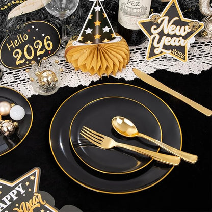 KIRE 60PCS Black Plastic Plates - Black Disposable Plates with Gold Rim for Halloween Party/Graduation - Include 30Pcs 10.25inch for Dinner and 30Pcs 7.5inch for Dessert