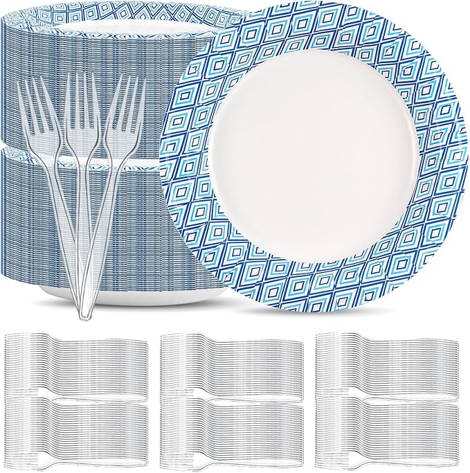 Charmount 300Pcs Paper Plates 8.5 Inch Bulk, 150 Disposable Plates with 150 Clear Plastic Forks, Soak-Proof Tableware for Daily Use, Breakfast, Lunch, Dinner, Party, Camping