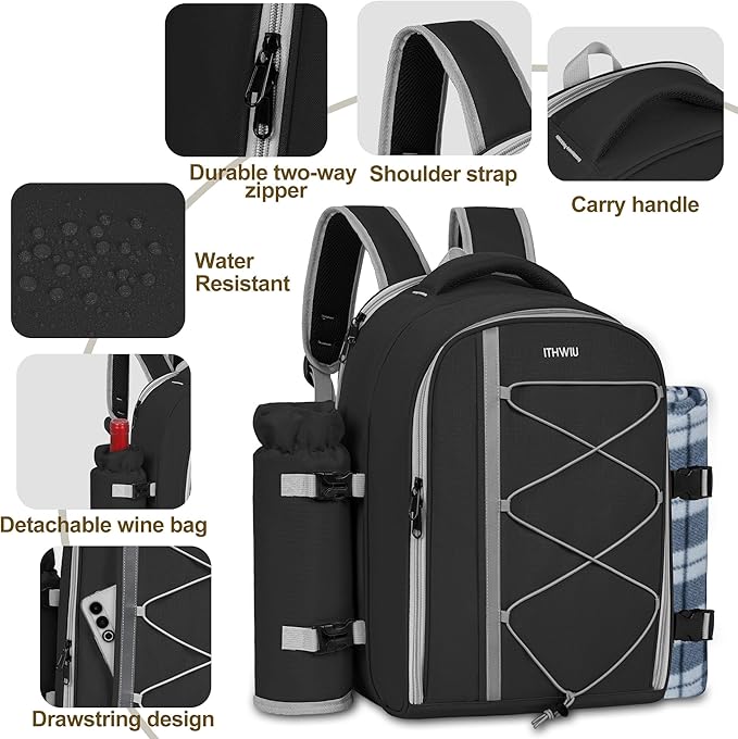 Picnic Backpack for 2 Persons with Insulated Leakproof Cooler Compartment, Cutlery Sets, Wine Holder, Fleece Blanket, Wedding Gifts for Couples, Perfect for Beach, Camping, Hiking, Black