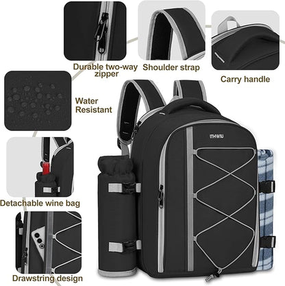 Picnic Backpack for 2 Persons with Insulated Leakproof Cooler Compartment, Cutlery Sets, Wine Holder, Fleece Blanket, Wedding Gifts for Couples, Perfect for Beach, Camping, Hiking, Black