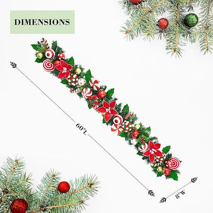 Holiday Tree Christmas Peppermint Garland 60” – Candy Cane Red & White Holiday Decor with Ornaments & Greenery, Handmade Festive Mantel Garland for Staircase, Doorway & Tabletop Decoration