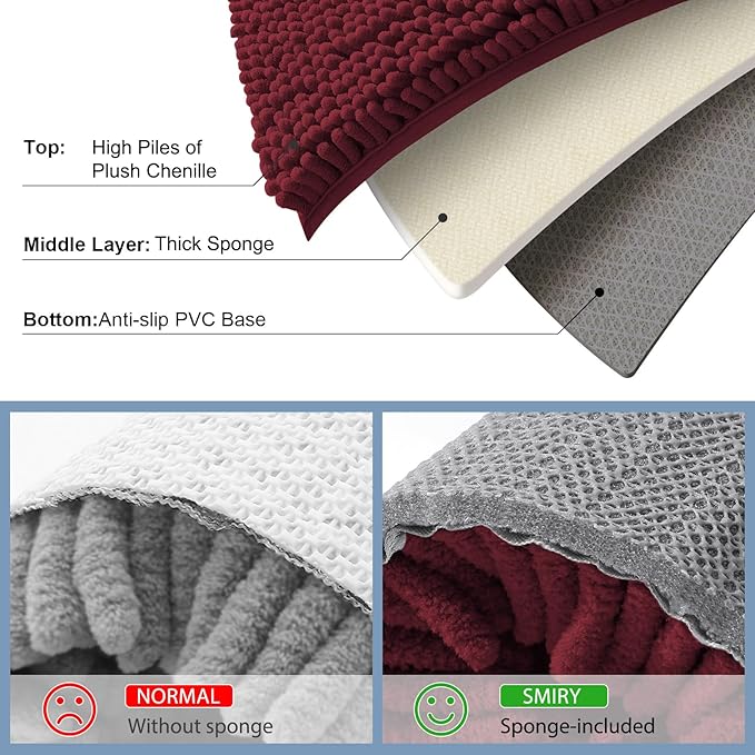 Smiry Luxury Chenille Bathroom Rugs 40x32, Extra Soft and Absorbent Shaggy Bath Mat, Machine Washable, Non-Slip Plush Carpet Runner for Tub, Shower, and Floor, Home Decor Accessories, Burgundy